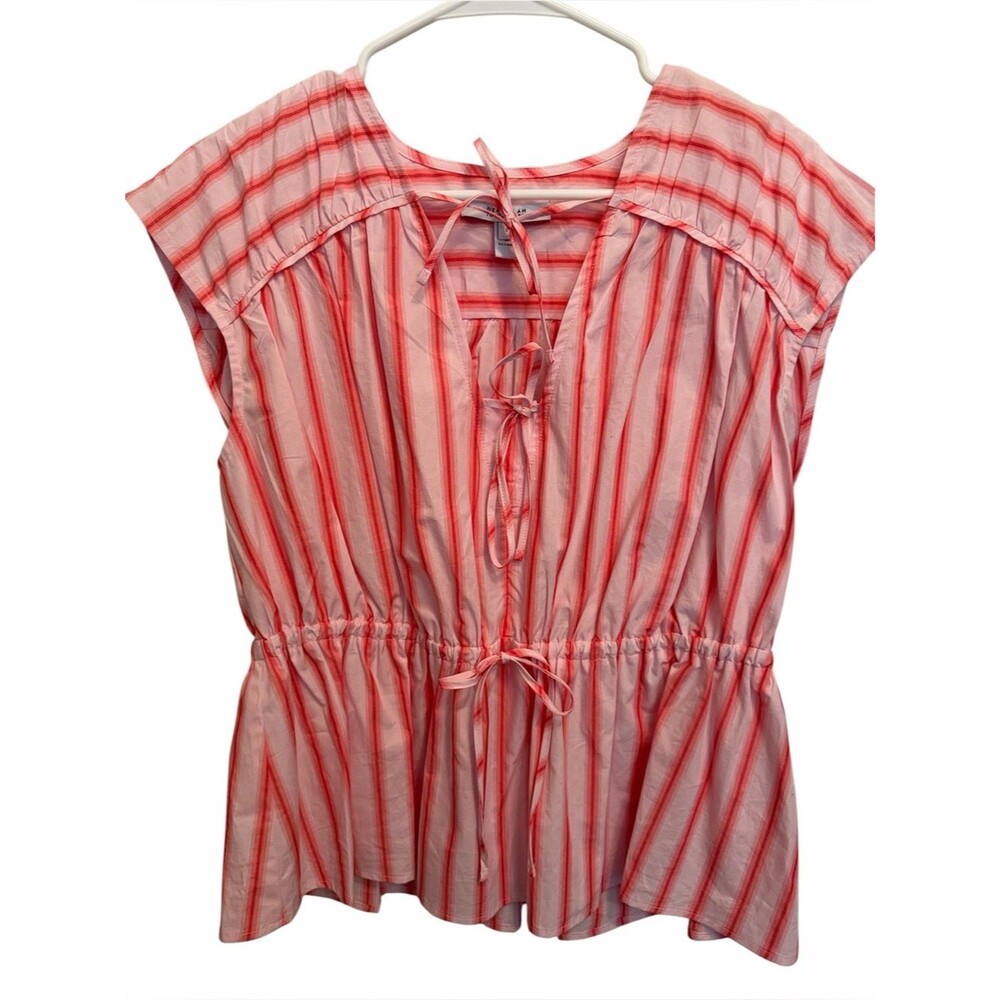 NWT Derek Lam 10 Crosby Pink and Coral Striped Cap Sleeve Blouse. Size Large